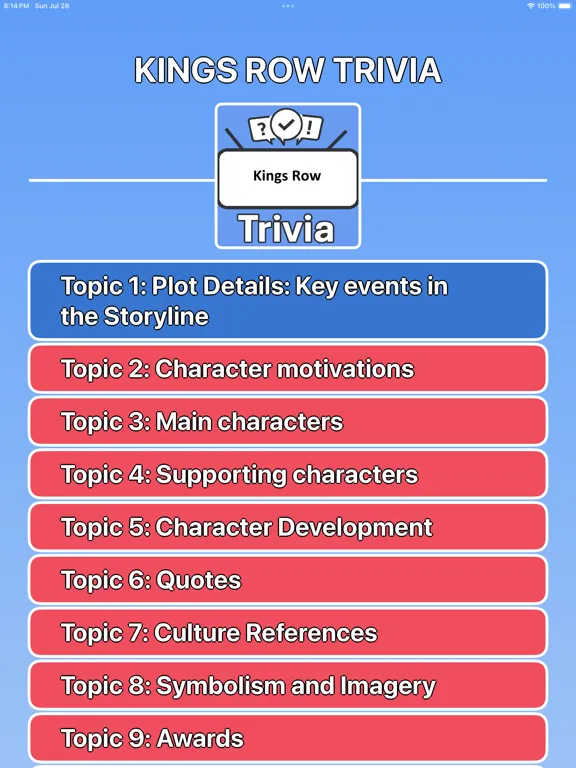 Kings Row Trivia iPad  स्क्रीनशॉट