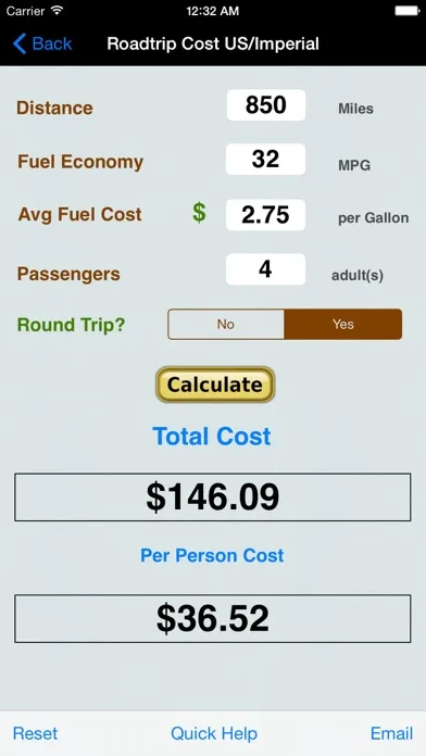 Tangkapan skrin Roadtrip Gas Cost Calculator