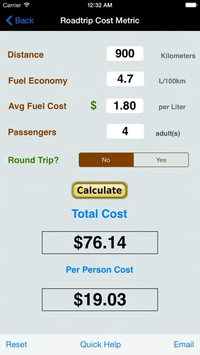 Tangkapan skrin Roadtrip Gas Cost Calculator