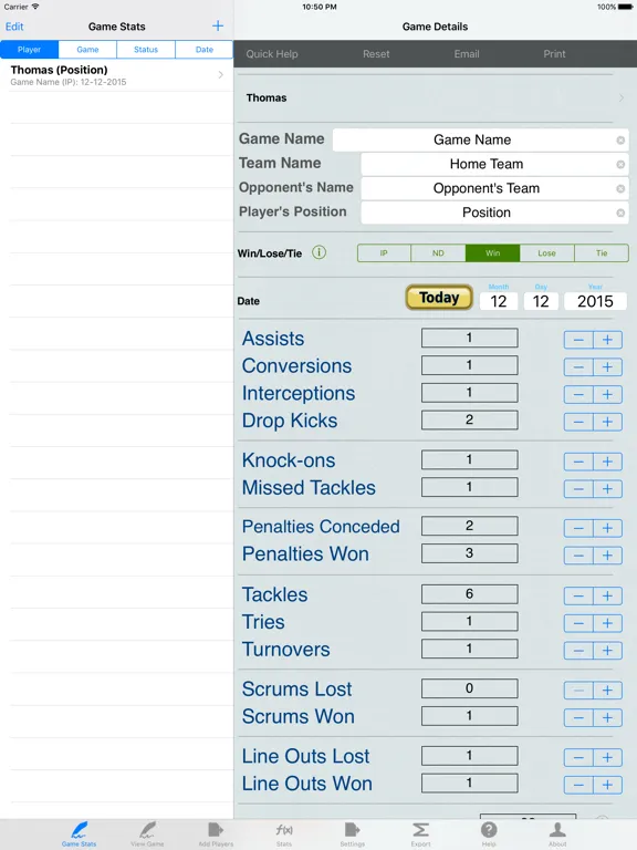 Rugby Player Stats Tracking iPad  স্ক্রিনশট