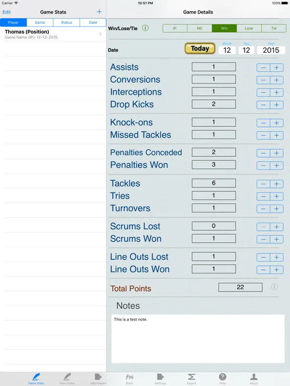 Rugby Player Stats Tracking iPad  স্ক্রিনশট