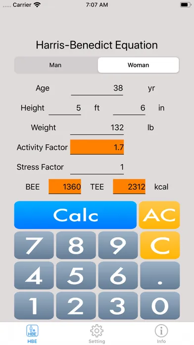Zrzuty ekranu Harris Benedict Equation