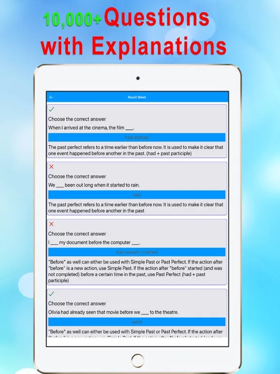 Capturas de tela do English Grammar Quiz App iPad 