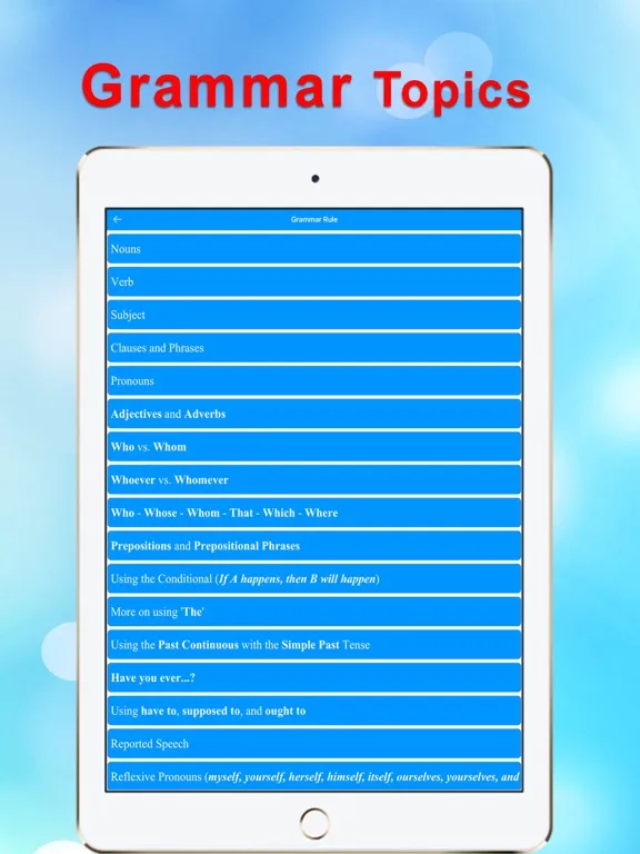 Capturas de tela do English Grammar Quiz App iPad 