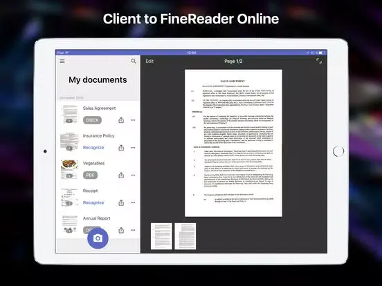 Ảnh chụp màn hình của ABBYY FineReader client iPad 