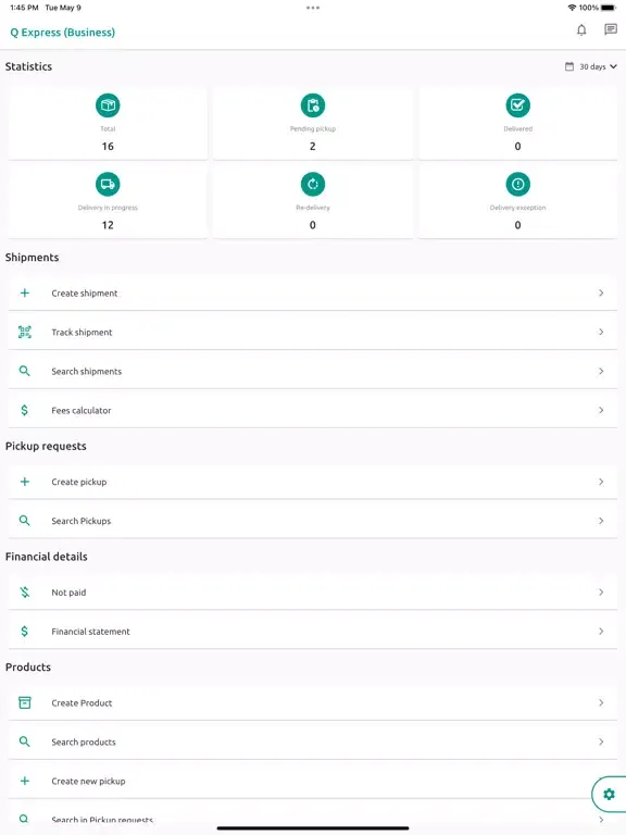 Tangkapan layar Q Express (Business) iPad 