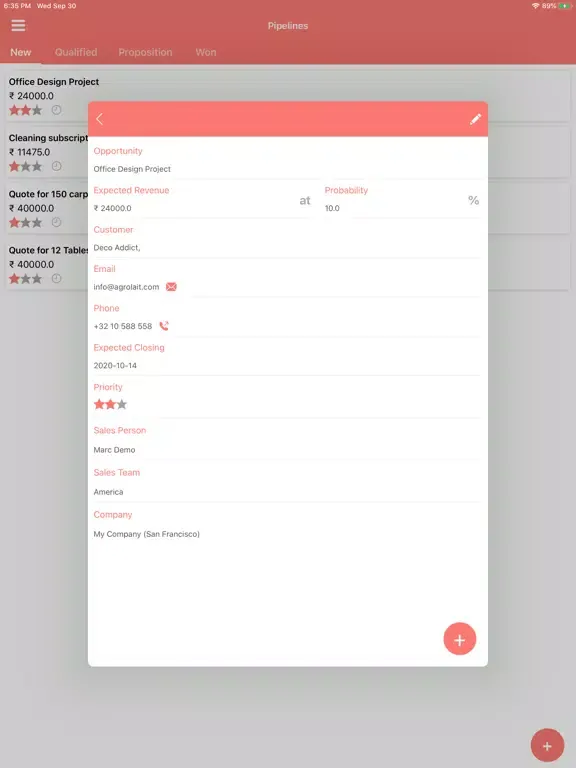 ASPL CRM (Odoo V13) iPad  스크린샷
