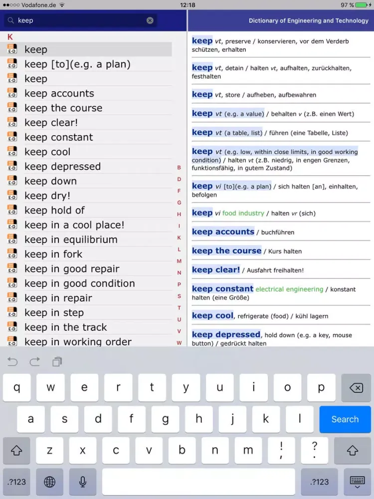 Dict Engineering Eng-Deu iPad  스크린샷