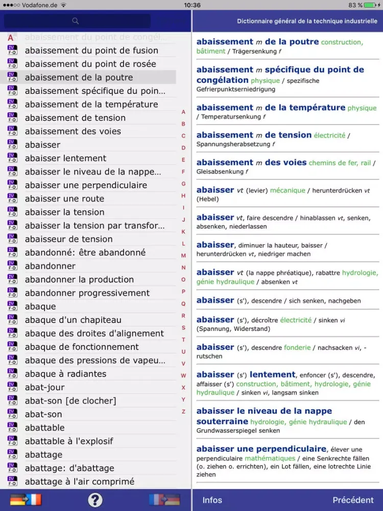 Tangkapan layar Dictionary of Engineering German <-> French iPad 