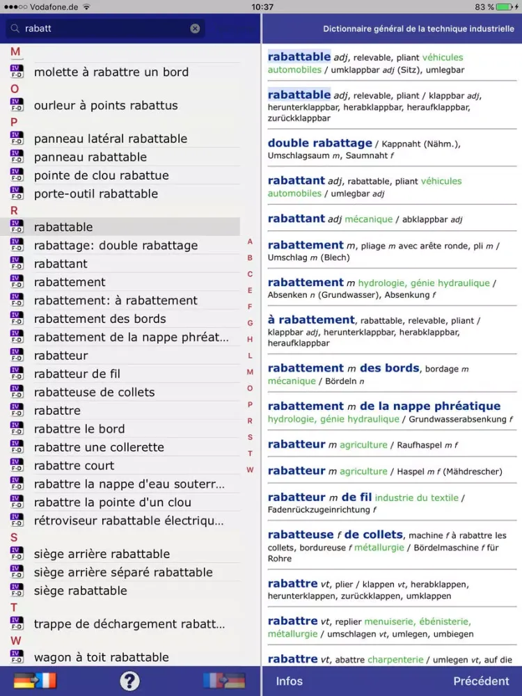 Tangkapan layar Dictionary of Engineering German <-> French iPad 