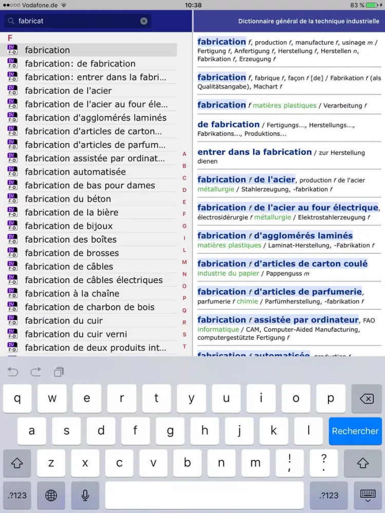 Tangkapan layar Dictionary of Engineering German <-> French iPad 