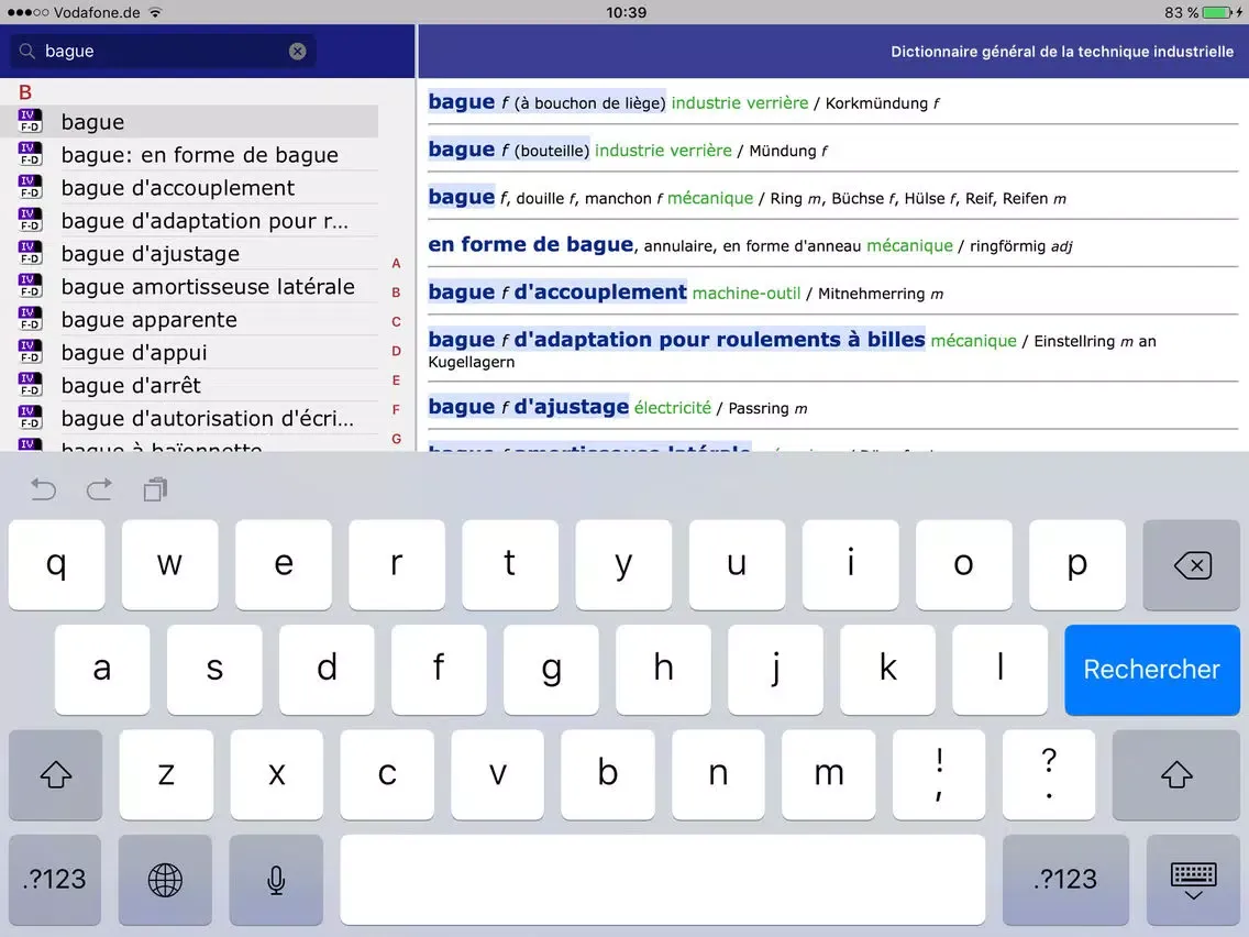 Tangkapan layar Dictionary of Engineering German <-> French iPad 