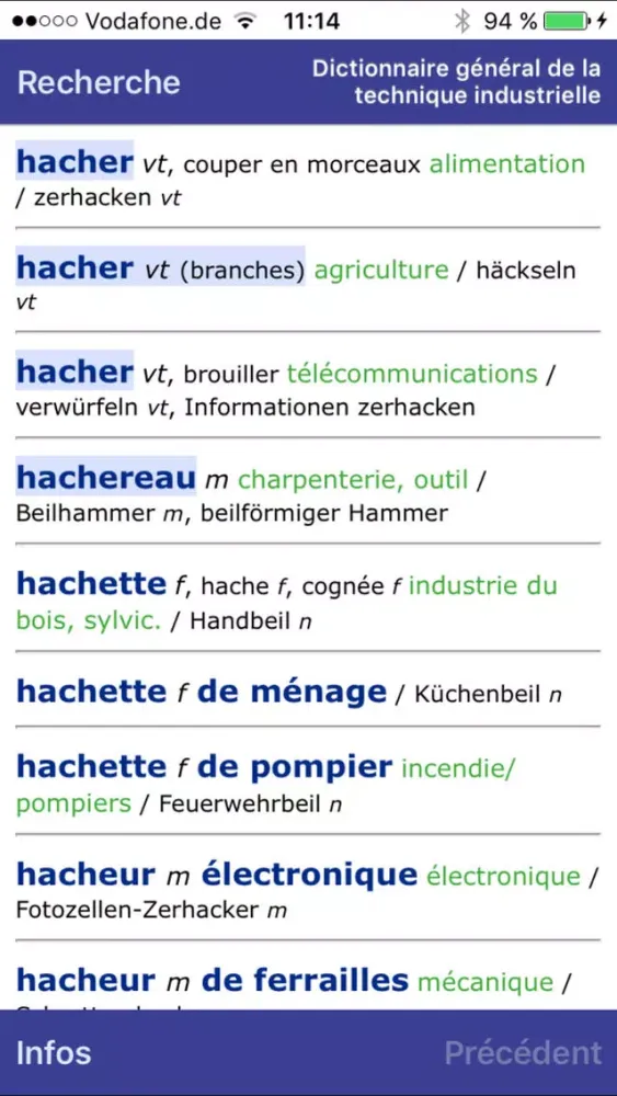 Tangkapan layar Dictionary of Engineering German <-> French