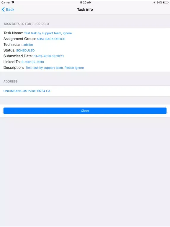 Tangkapan layar ADiTaaS Field Service iPad 