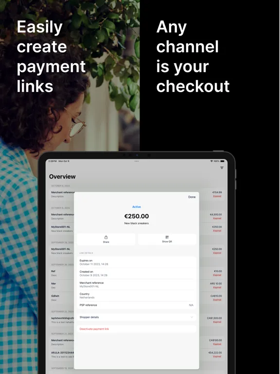 Tangkapan layar Adyen - Pay by Link iPad 