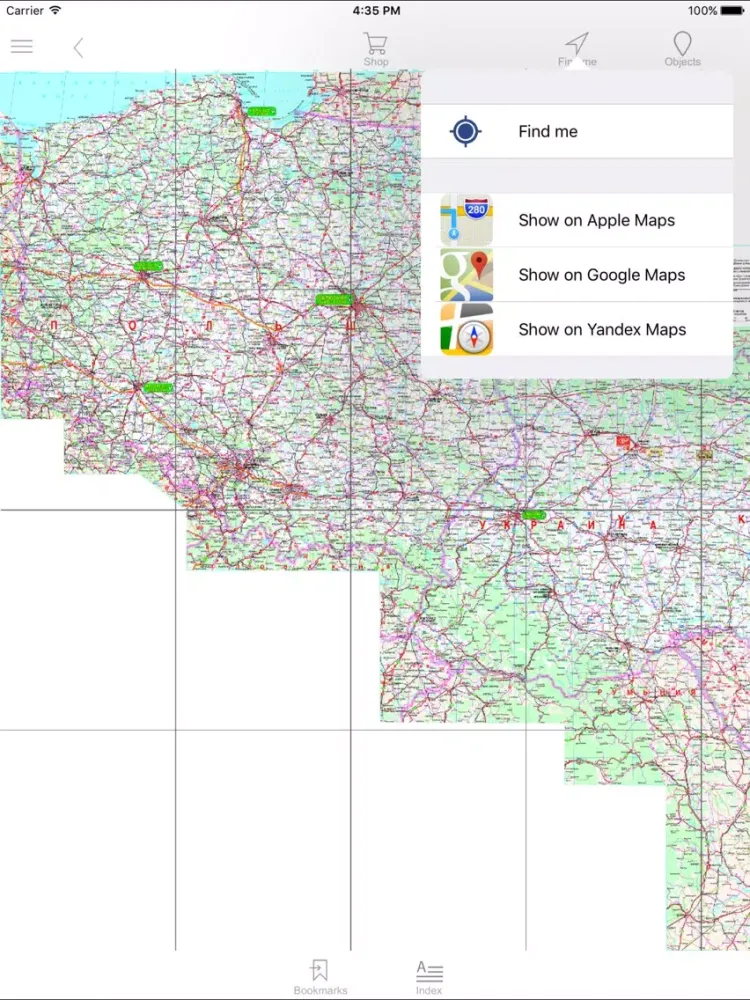 Tangkapan skrin Ukraine, Poland. Road map. iPad 