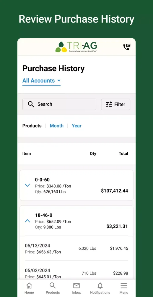 My Tri-Ag Customer Portal Screenshots