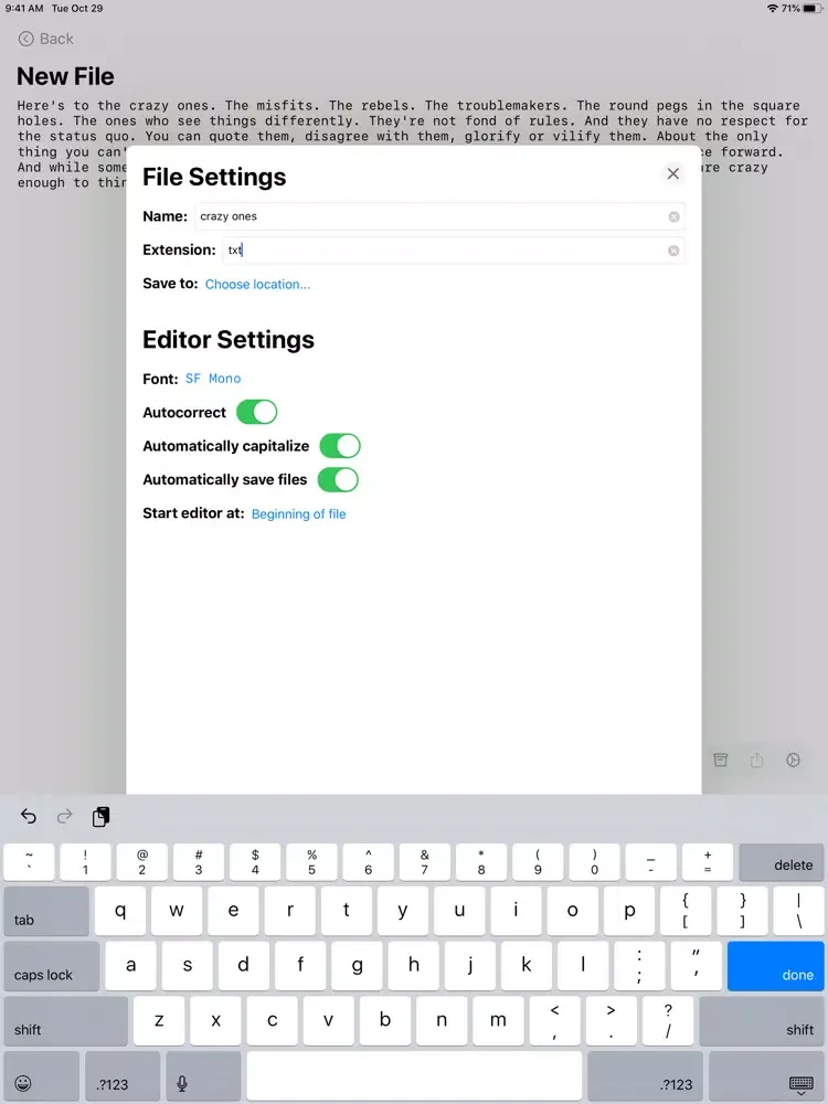 Ảnh chụp màn hình của txt – Plaintext Editor iPad 