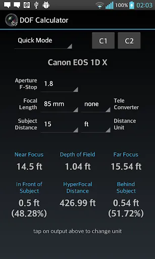 DOF Calculator Screenshots