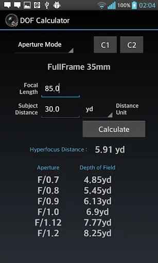 DOF Calculator Screenshots