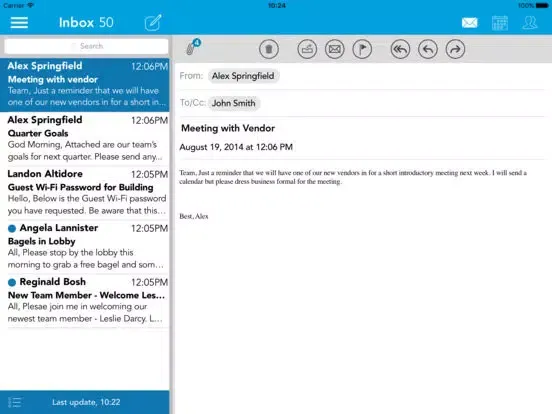 Ảnh chụp màn hình của AirWatch Inbox iPad 