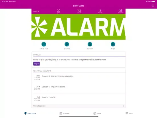 Tangkapan layar ALARM events hub iPad 