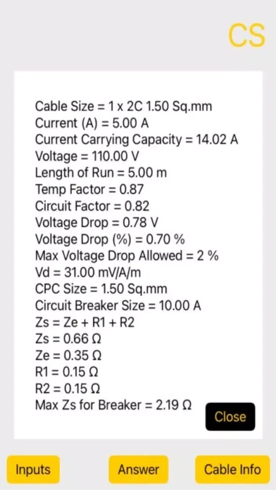 Cable Size Screenshots