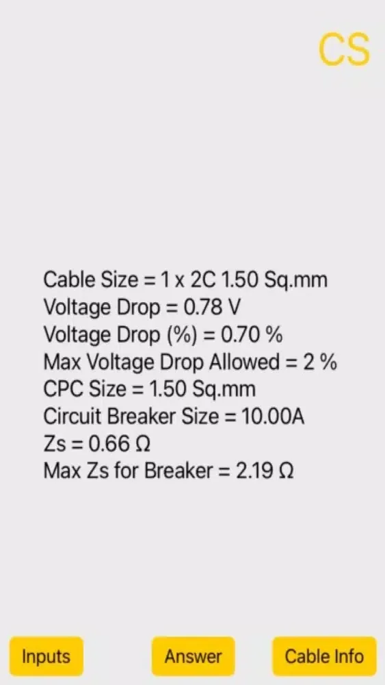 Cable Size Screenshots