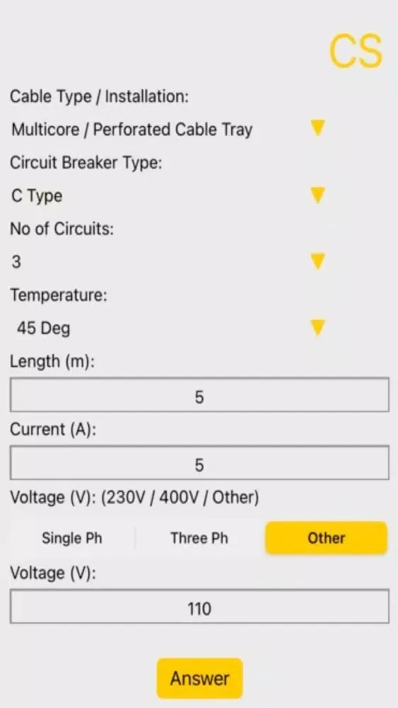 Cable Size Screenshots