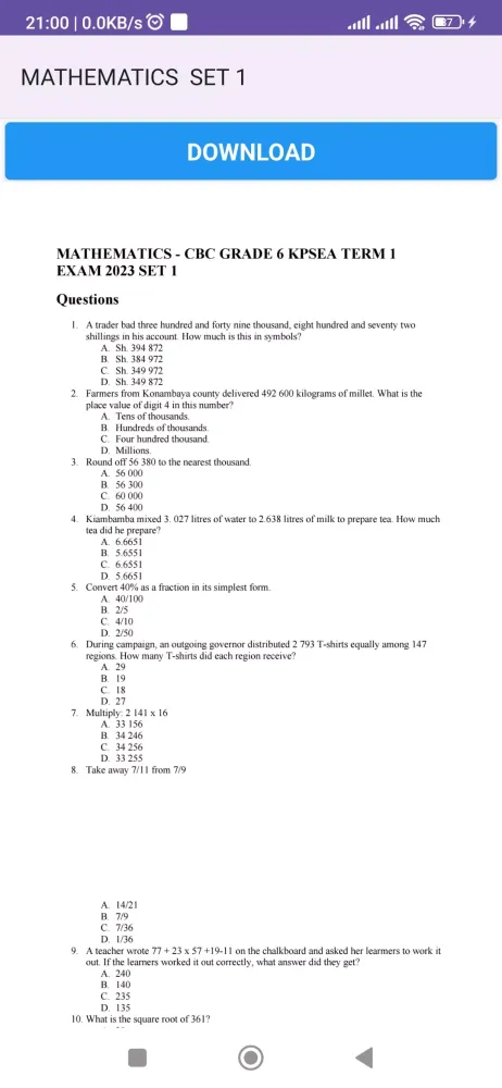 Ảnh chụp màn hình của CBC Grade 6 Exam Papers