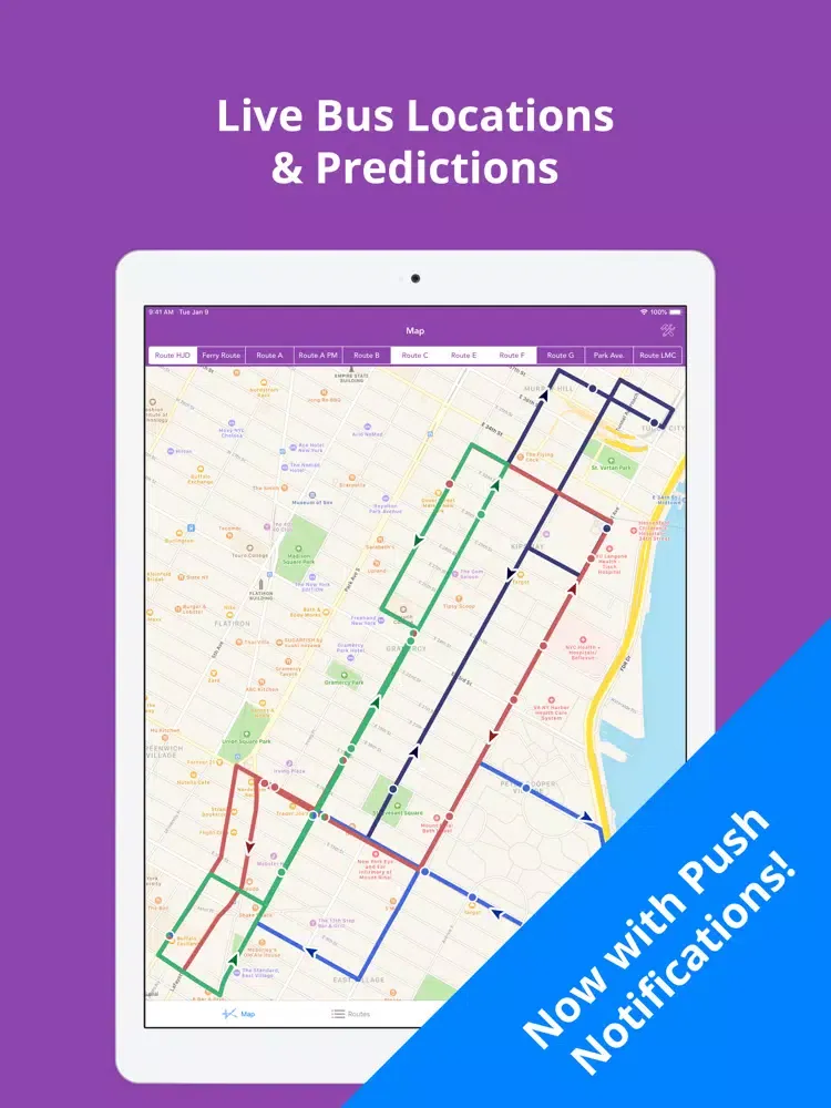 Tangkapan skrin NYU Buses iPad