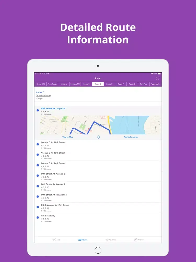 Tangkapan skrin NYU Buses iPad
