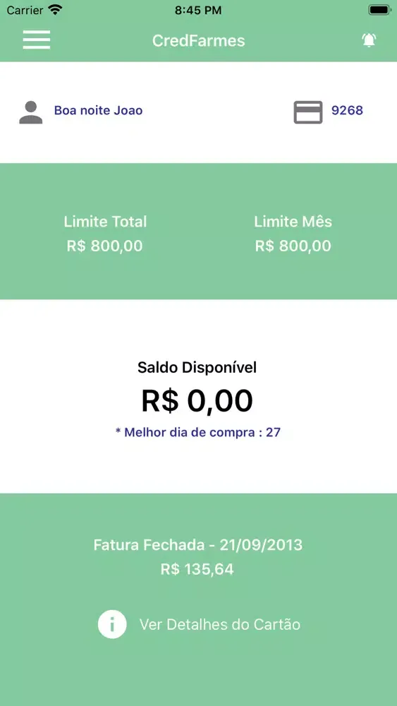 Ảnh chụp màn hình của Cartão CredFarmes