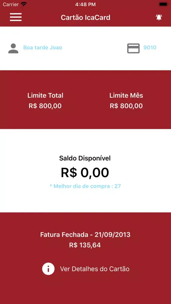 Capturas de tela do Cartão Icacard
