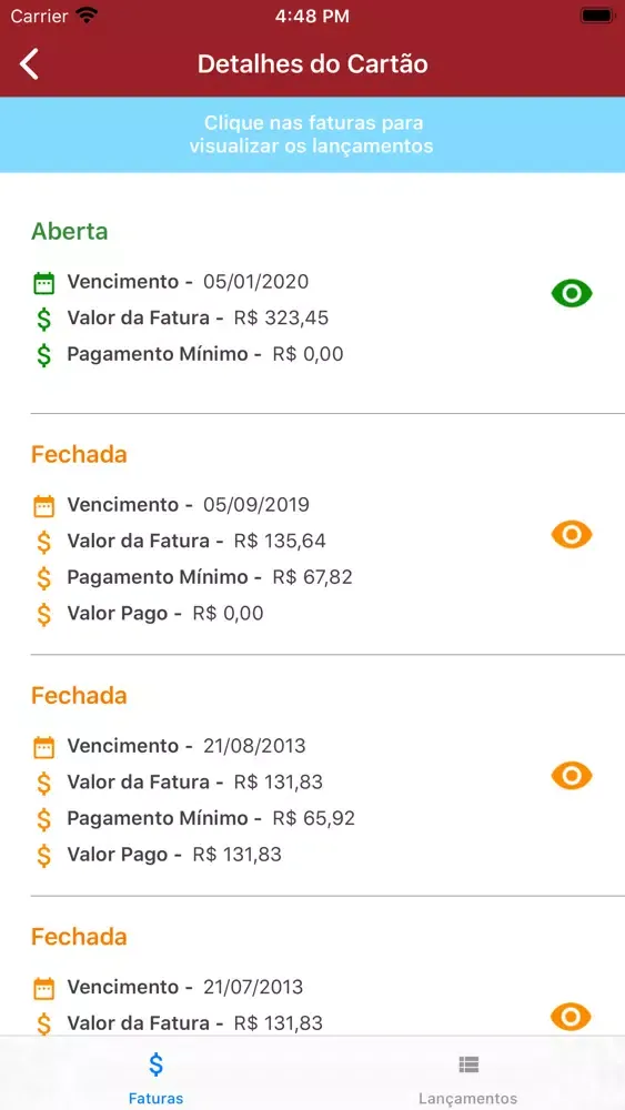 Capturas de tela do Cartão Icacard