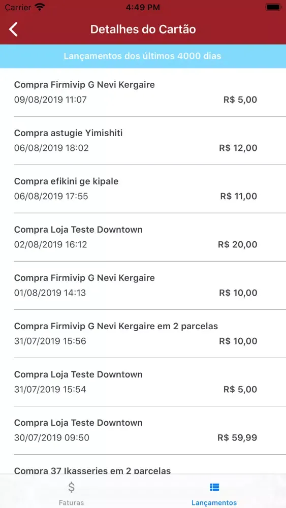 Capturas de tela do Cartão Icacard