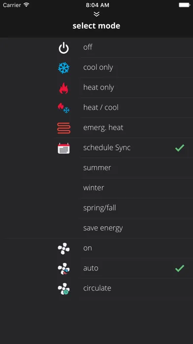 Comfort Sync® Thermostat Screenshots