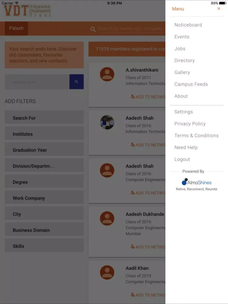 Ảnh chụp màn hình của Vidyalankar Alumni iPad 