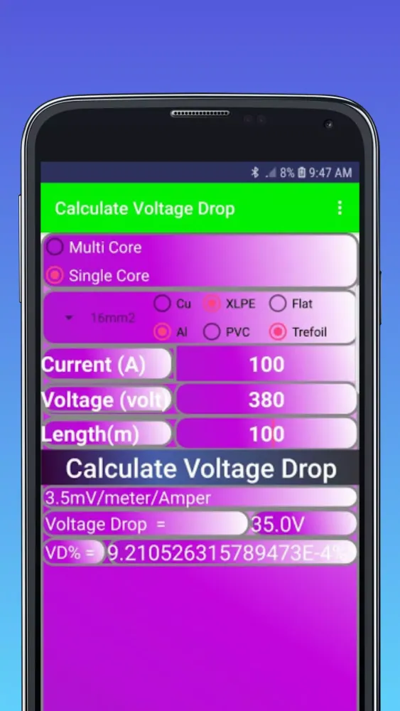 Zrzuty ekranu Voltage Drop Calculations