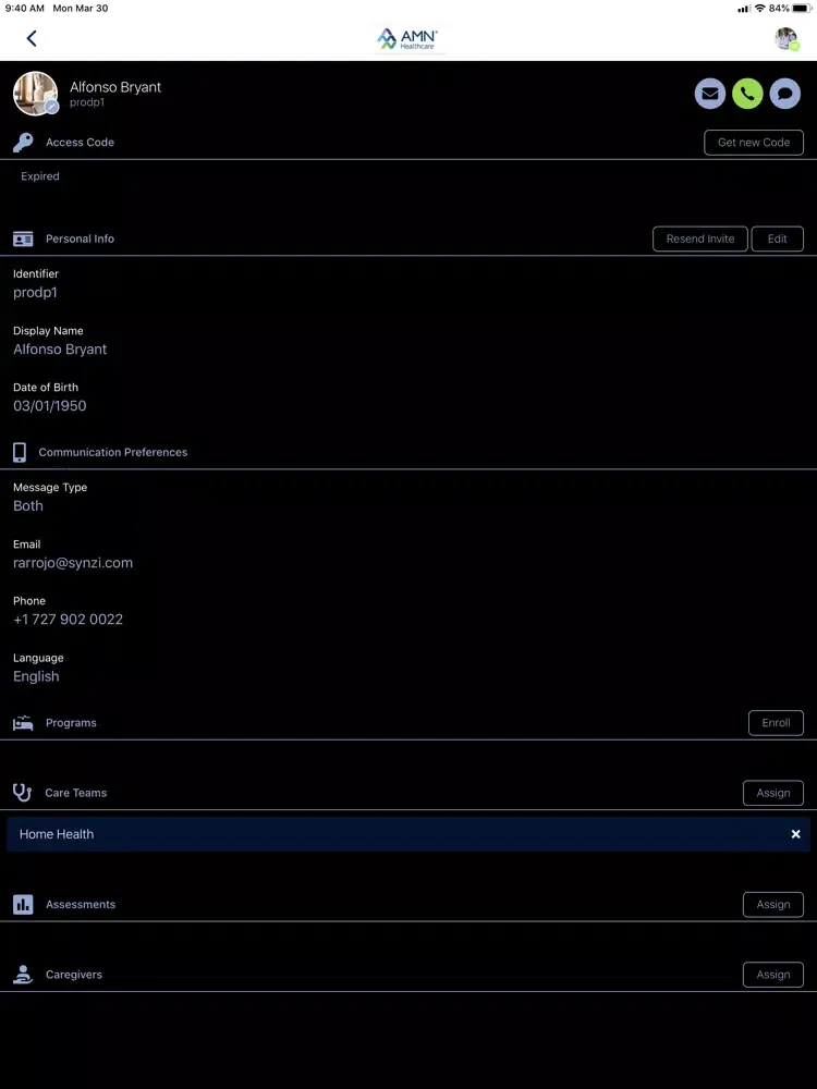 Capturas de tela do AMN CarePro iPad 