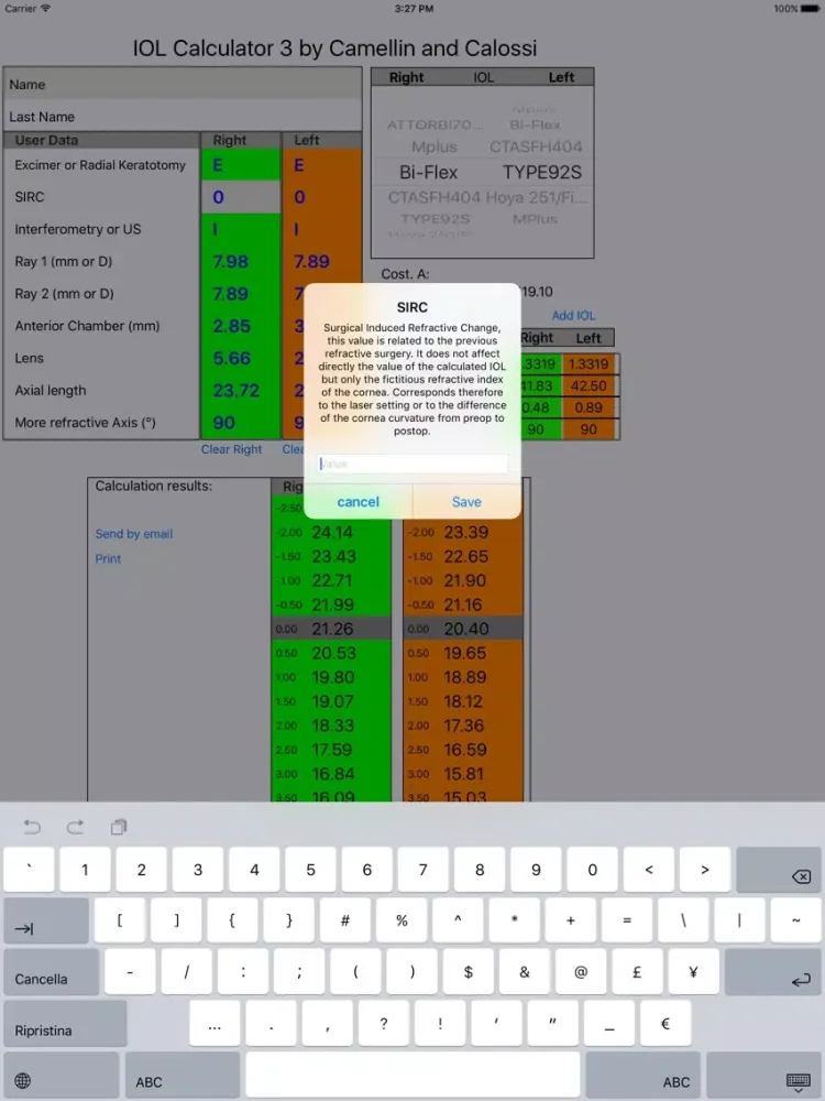 Zrzuty ekranu IOL Calculator 3.0 Camellin Calossi iPad 