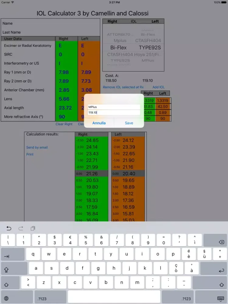 Zrzuty ekranu IOL Calculator 3.0 Camellin Calossi iPad 