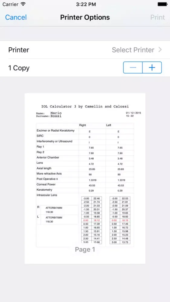 Zrzuty ekranu IOL Calculator 3.0 Camellin Calossi