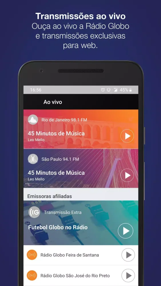 Capturas de tela do Rádio Globo