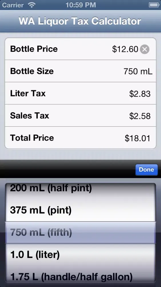 Ảnh chụp màn hình của WA Liquor Tax Calculator
