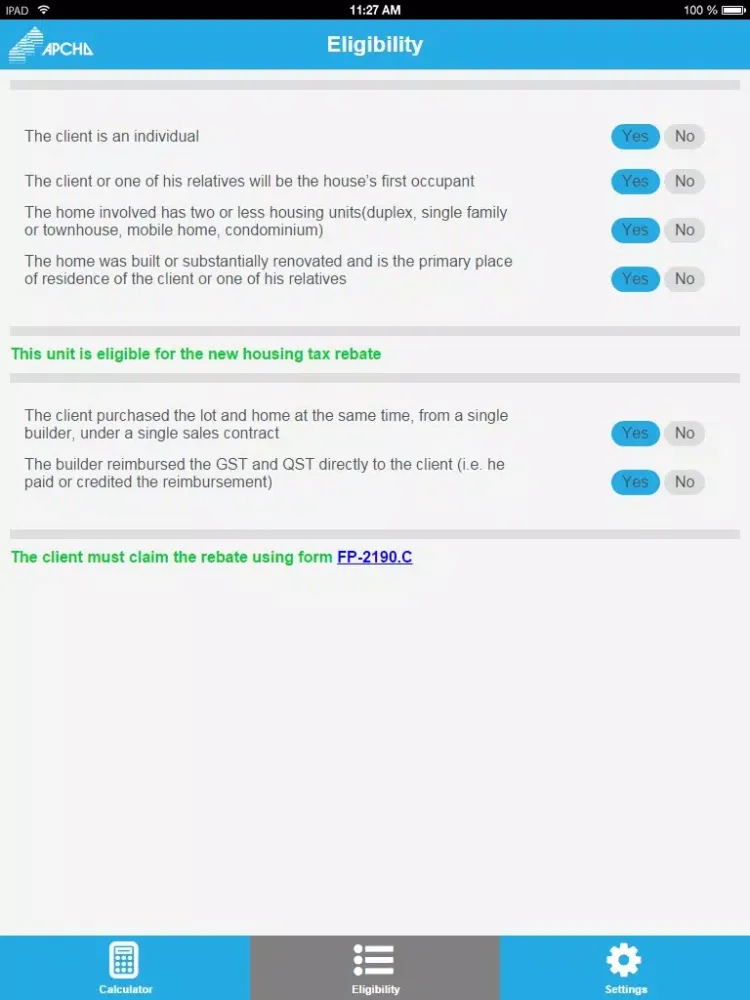 New housing tax and rebate calculator - APCHQ iPad 应用截图