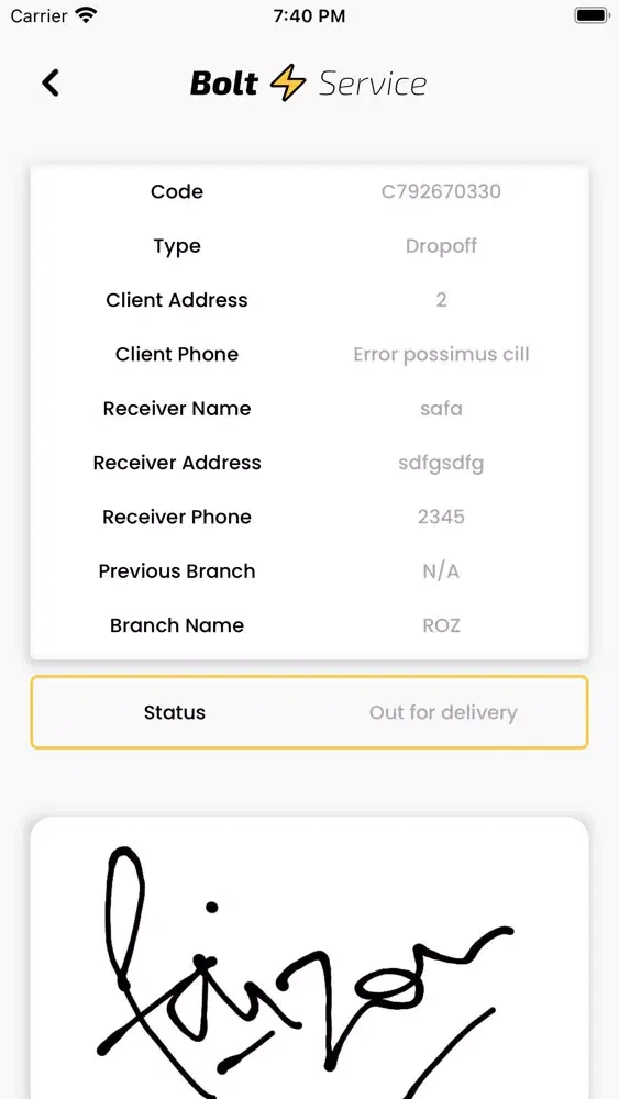 Tangkapan skrin Bolt Service