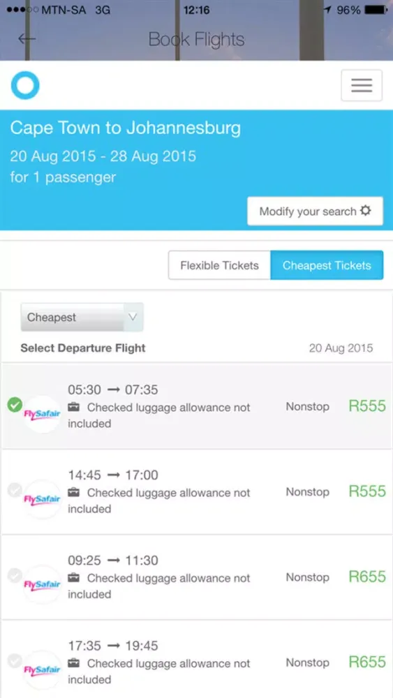ภาพหน้าจอของ Cheap Flights South Africa