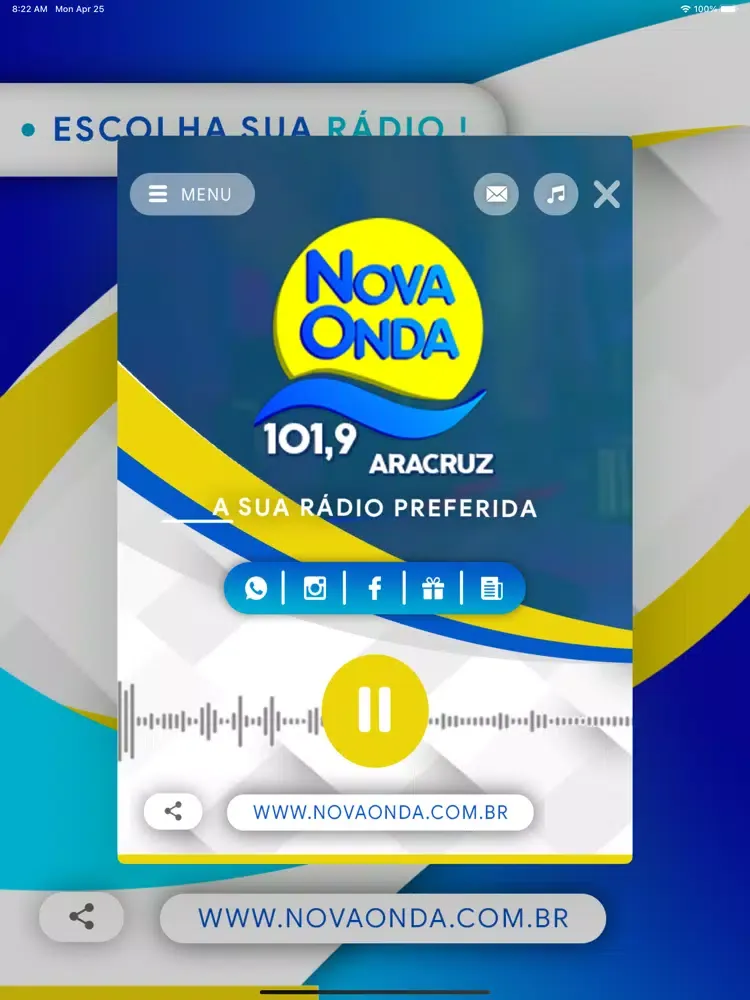 Capturas de tela do Rede Nova Onda. iPad 