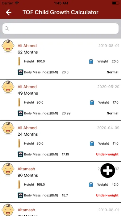 TOF Child Growth Calculator Screenshots